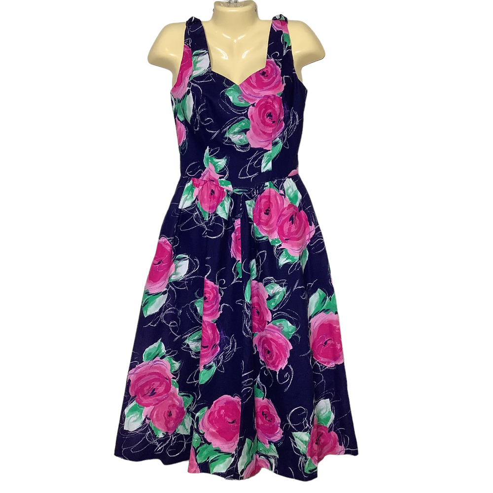 Vintage Lanz Originals Tea Dress S Cottagecore Floral Sleeveless Midi A Line 80s